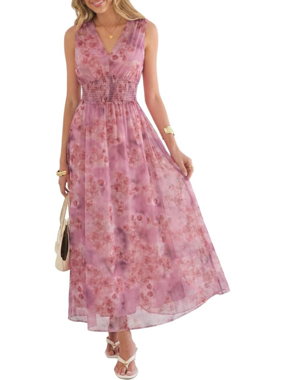 Women's Dusty Orchid Floral Tulle V Neck Sleeveless Wedding Guest Maxi Dresses